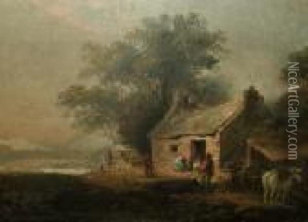 Figures By A Cottage With Woodland And Mountains Beyond Oil Painting - George Morland