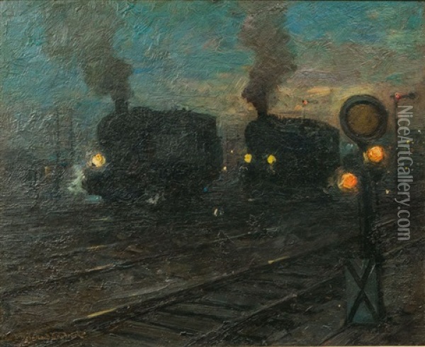 Locomotives And Signals Oil Painting - Leonhard Sandrock
