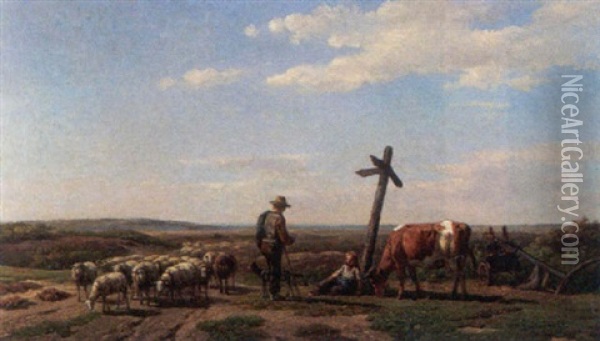 Shepherd With His Flock In A Landscape Oil Painting - Simon Van Den Berg