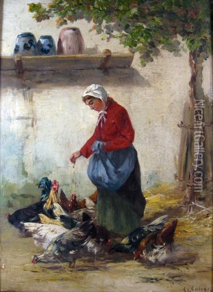 Feeding The Chickens Oil Painting - Leon Georges Calves