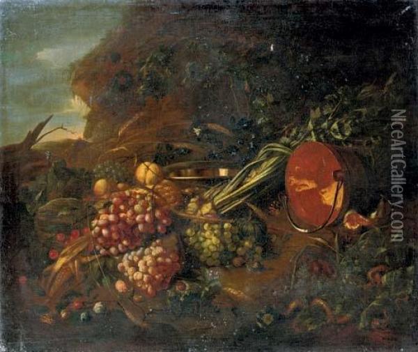 Fruit, Vegetables And Copper Wear In A Landscape Oil Painting - Jan Davidsz De Heem