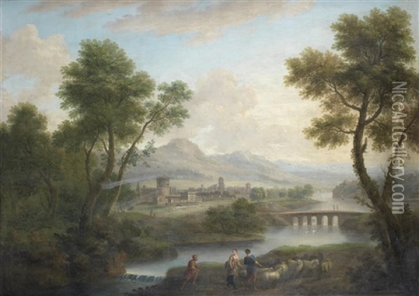 Shepherds And A Shepherdess Driving Their Flocks Along The River Bank, A Walled Town In The Distance Oil Painting - Jacob More