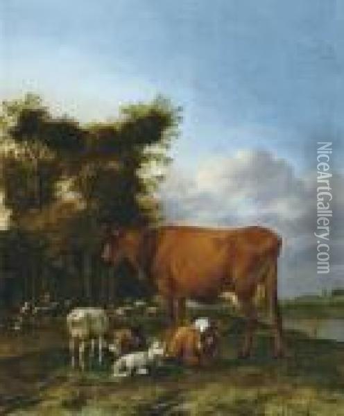 Shepherd With Cattleresting Near The Water Oil Painting - Albert-Jansz. Klomp