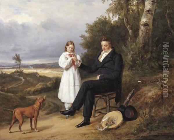 Father And Daughter In A Landscape Oil Painting - Pierre Duval-Lecamus