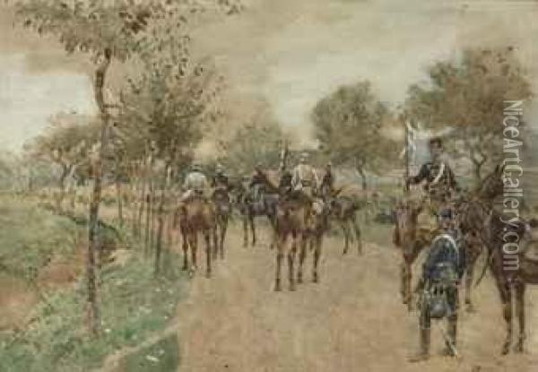 A Trio Of German Senior Officers Escorted By Two Uhlans, With Inthe Foreground Two Members Of A Different Uhlans Regiment Oil Painting - Jan Hoynck Van Papendrecht