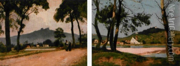 Bord De Riviere (+ Personnages Sur Le Chemin; Pair) Oil Painting - Paul Lecomte
