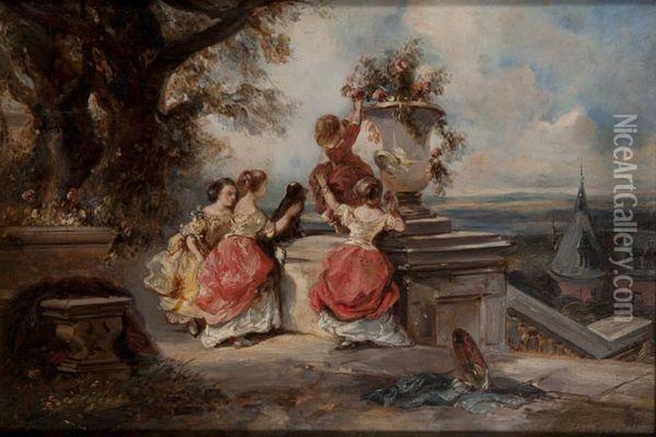 Enfants Et Vasques De Fleurs Dans Un Parc Oil Painting - Eugene Isabey