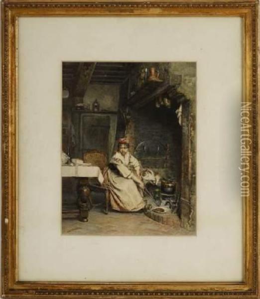 La Cuisiniere Et Le Chat Oil Painting - Emile Pierre Metzmacher