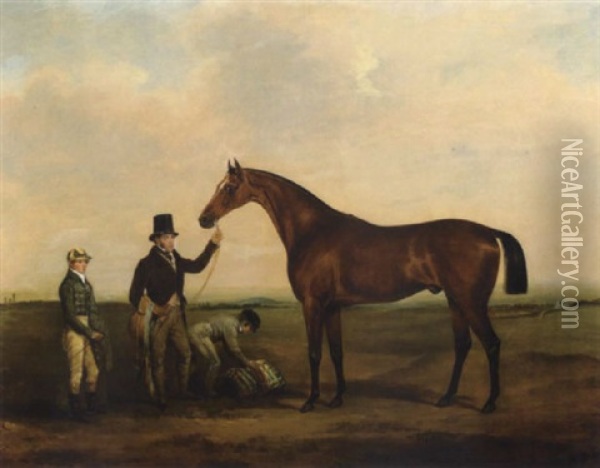 A Racehorse With Jockey And Attendants In A Field Oil Painting - William Brocas