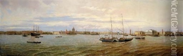 Panorama Of The Neva River Left Embankment And The Strelka Of Vasilievsii Island, St. Petersburg Oil Painting - Aleksandr Karlovich Beggrov