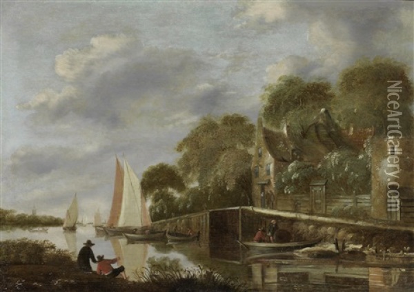 Fishermen On A Shore Before A River Landscape, With A Village In The Distance Oil Painting - Nicolaes Molenaer