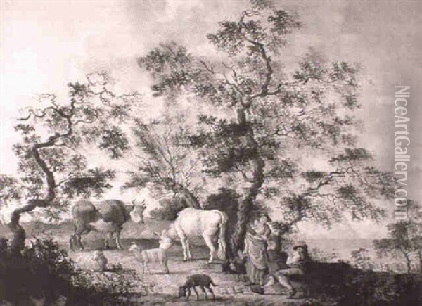Drovers With Cattle, Sheep And A Dog In A Landscape Oil Painting - Pieter Gerardus Van Os