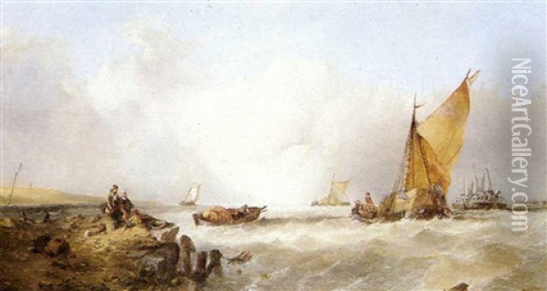 A Coastal Scene With A Haybarge And Fisherfolk Oil Painting - Alfred Montague