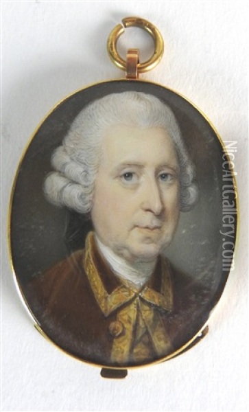 A Portrait Miniature Of A Gentleman Wearing A Brown Coat Edged In Gold Oil Painting - Jeremiah Meyer