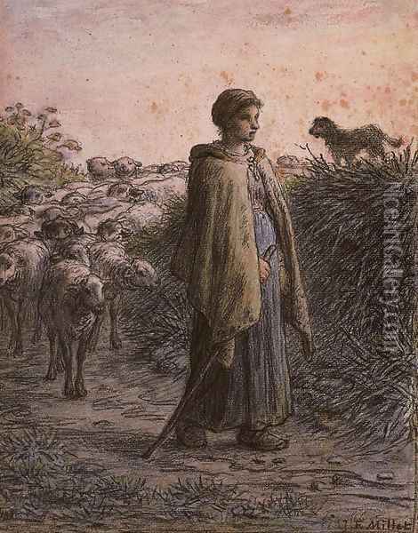 A sherpherdess with her flock, a dog on a bank to the right Oil Painting - Jean-Francois Millet