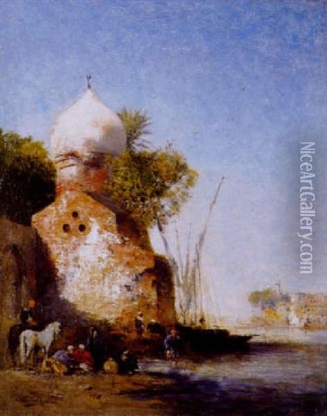 Halte Aux Pieds Du Mausolee Au Bord Du Nil Oil Painting - Narcisse Berchere
