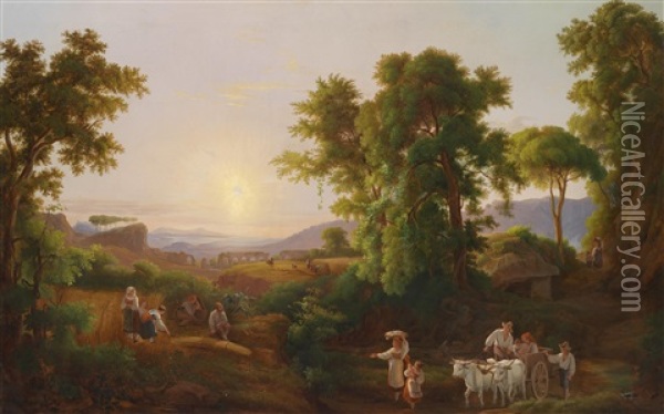 Weite Arkadische Landschaft Mit Bauern Oil Painting - Ferenc (Franz) Ujhazy