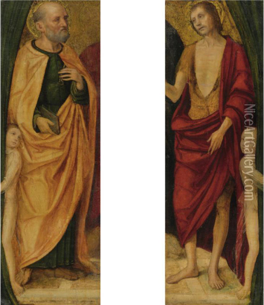 Saint Peter And An Attendant Page; Saint John The Baptist And Anattendant Page Oil Painting - Ambrogio Stefano Di Borgognone