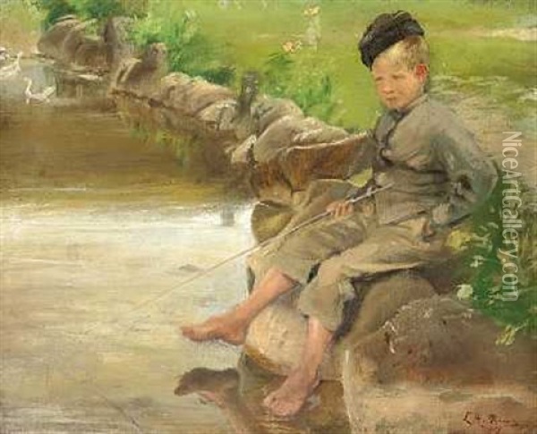 Dreng Siddende Ved Et Gadekaer Oil Painting - Laurits Andersen Ring