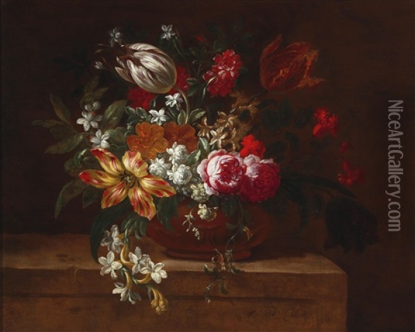 A Still Life Of Flowers With An Earthware Vessel Oil Painting - Pieter Casteels III