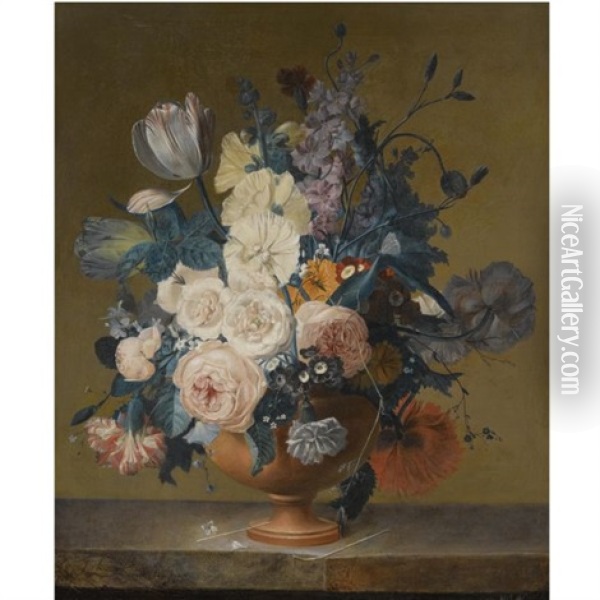 A Still Life Of Roses, Tulips, Peonies, Stocks, Carnations, Poppies And Other Flowers In A Terracotta Vase On A Marble Ledge Oil Painting - Jean Louis Prevost