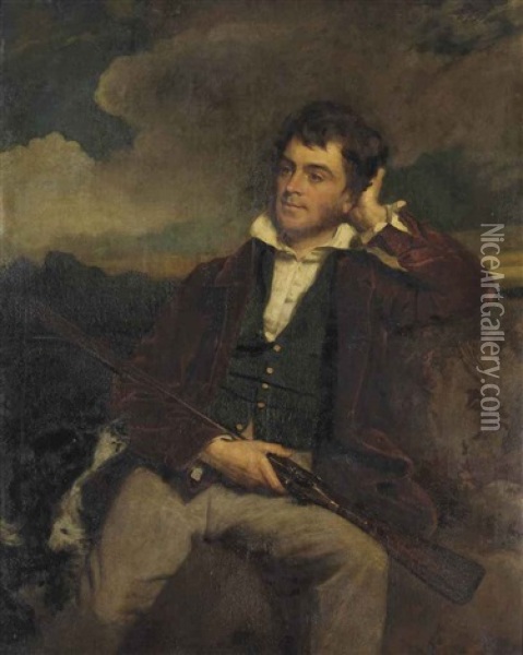 Portrait Of A Gentleman In A Landscape, With A Shotgun And A Springer Spaniel At His Side Oil Painting - John (Gilbert) Graham