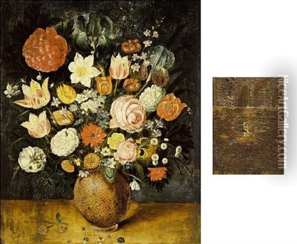 A Still Life With Roses, Tulips, Irises, A Daffodil, A Poppy Anemone, Marigolds, Red Turban Cup Lilies, Borage, Violets, Forget-me-nots And Other Flowers, All In A Stone Vase On A Wooden Ledge Oil Painting - Jan Brueghel the Elder