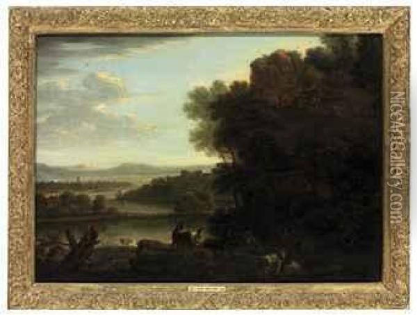 An Extensive River Landscape, With A Goatherd And Goats Oil Painting - John Wootton