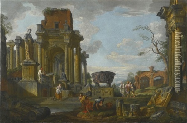 A Capriccio Of Classical Ruins With Figures, With The Basilica Of Maxentius In The Distance Oil Painting - Giovanni Paolo Panini