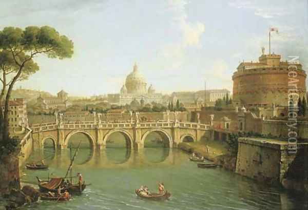 Rome, a view of the Tiber looking downstream with the Castel and Ponte Sant' Angelo, Saint Peter's Basilica and the Vatican, Santo Spirito in Sassia Oil Painting - Antonio Joli