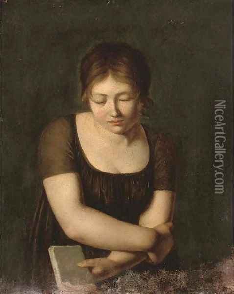 A girl holding a book Oil Painting - Italian School