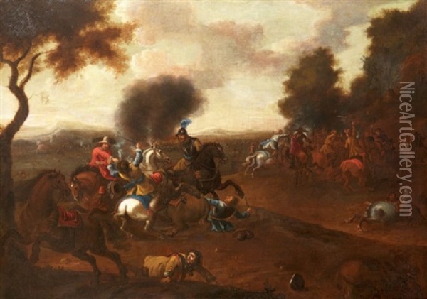 Combat De Cavalerie Ou Les Deux Coups De Pistolets Oil Painting - Jacques Courtois