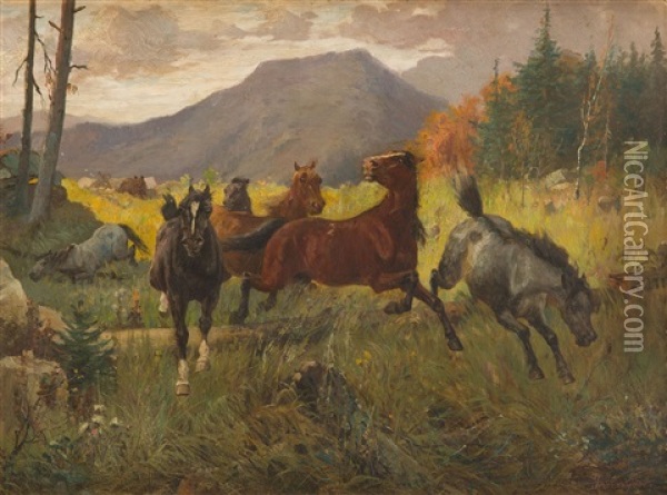 Horses On The Mountain Meadow Oil Painting - Jozef Jaroszynski