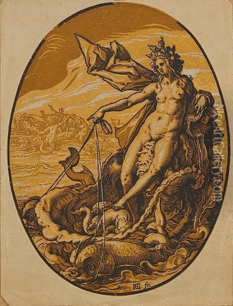 Venus Marina (fifth From The Series 'children Of The Demogorgon') (bartsch 235) Oil Painting - Hendrick Goltzius