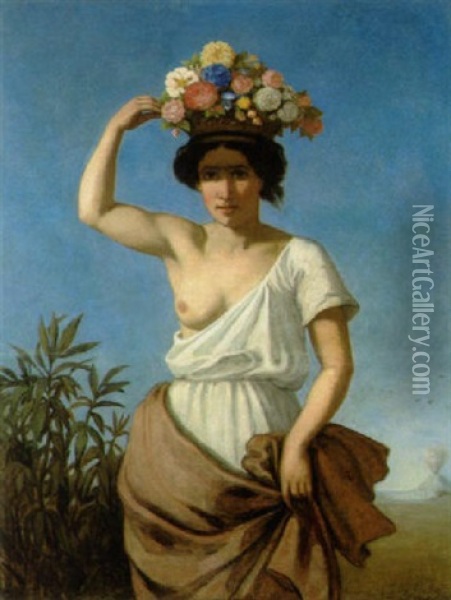 Ein Madchen, Das Auf Dem Kopf Einen Blumenkorb Tragt (allegorie Des Sommers) Oil Painting - August Jernberg