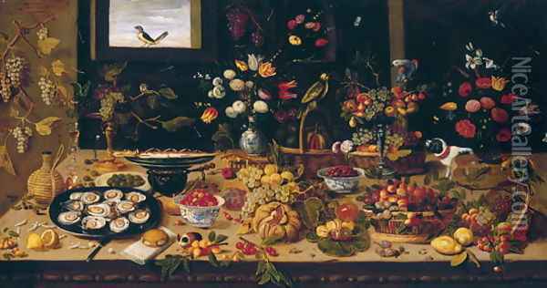 Table Covered with Vases of Flowers Baskets and Plates of Fruit and Small Animals Oil Painting - Jan van Kessel