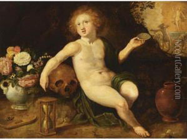 An Allegory Of Vanitas, With A 
Putto, A Skull, An Hourglass And Flowers, The Resurrection Of Christ 
Beyond Oil Painting - Adriaen van Nieulandt