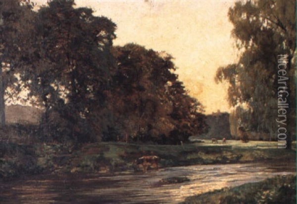 River Landscape At Sunset Oil Painting - Robert Noble
