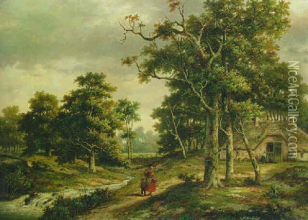 A Peasant Woman And A Boy Walking Along A Stream In A Wooded Landscape Oil Painting - Hendrik Barend Koekkoek
