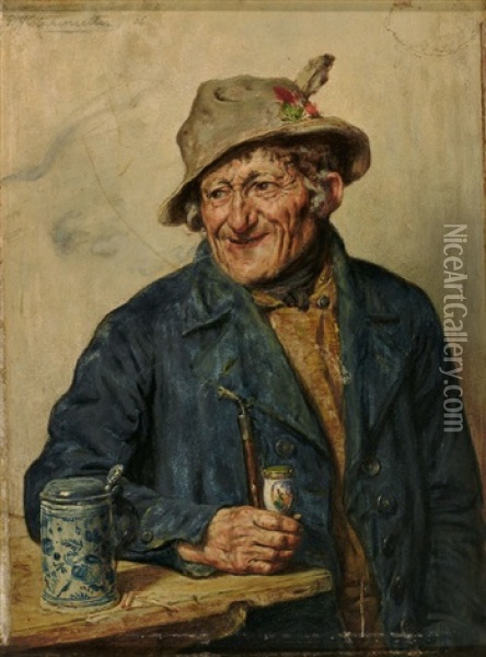 Portrait Eines Bayerischen Originals Neben Fayencekrug Oil Painting - Hugo Kotschenreiter
