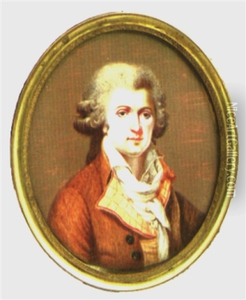 Portrait D'homme En Perruque Blanche, Redingote Brique Et Gilet Beige A Carreaux Rouges Oil Painting - Charles-Henri Desfossez