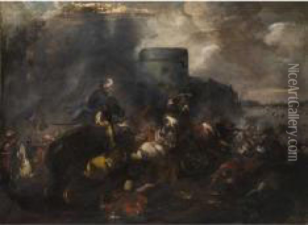 Cavalleria In Battaglia Con Citta Fortificata Sullo Sfondo Oil Painting - Antonio Calza