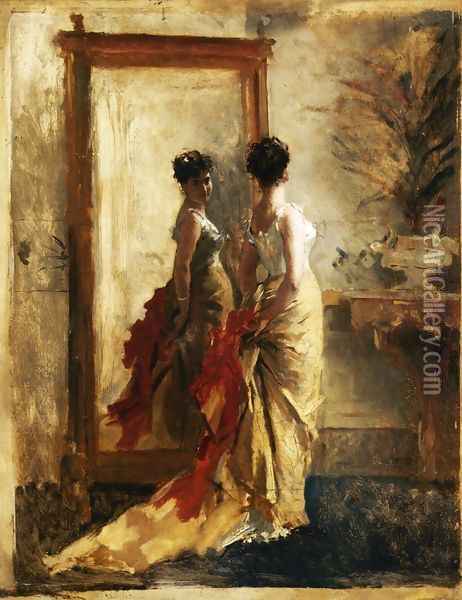 Woman in front of a Mirror Oil Painting - Mose Bianchi
