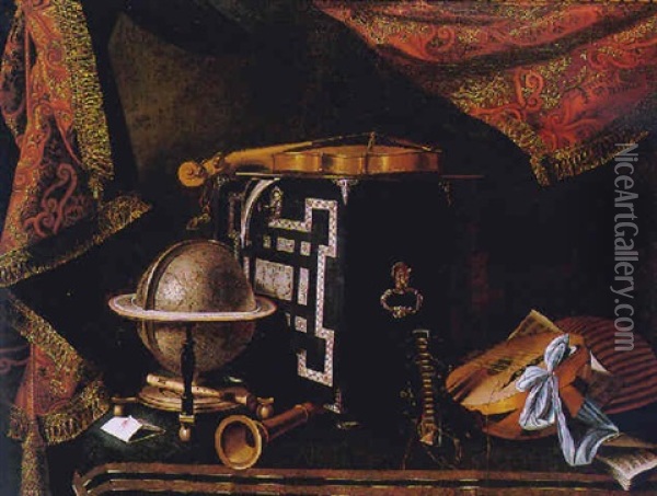 Still Life With Musical Instruments And A Globe On A Table With A Drape Behind Oil Painting - Bartolomeo Bettera