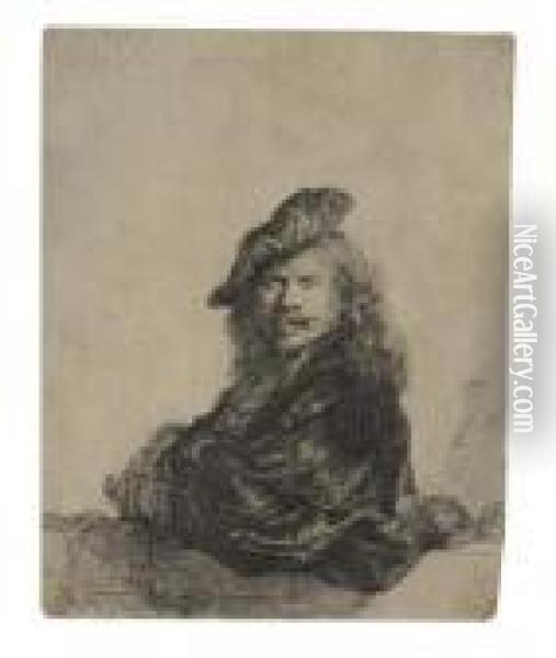 Self Portrait Leaning On A Stone Sill. Oil Painting - Rembrandt Van Rijn
