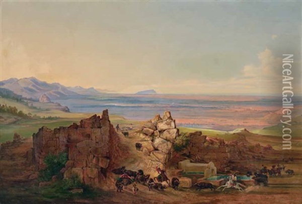 Abendliche Hirtenszene In Den Albaner Bergen Oil Painting - Emil Theodor Richter