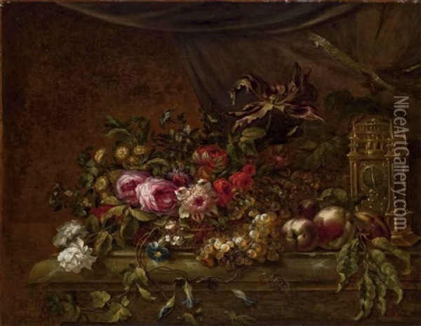 Fruits Et Fleurs Dans Une Corbeille Avec Une Pendule Sur Un Entablement Oil Painting - Jean-Baptiste Belin de Fontenay the Elder
