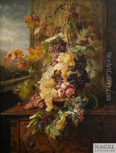 Herbstliches Stilleben Mit Trauben Und Pfirsichen Auf Einer Truhe Am Fenster Oil Painting - Jean-Pierre Lays