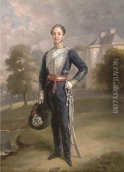 Portrait of Lieutenant George Ramsay of Lixmont, full-length, in the uniform of a Scottish Yeomanry Regiment, before a country house Oil Painting - Charles Achille D'Hardiviller