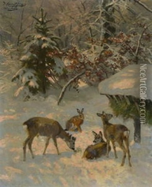 Rehe An Der Futterkrippe Im Winterwald Oil Painting - Josef Schmitzberger